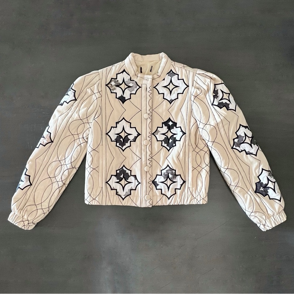 New blue b Cream Navy Blue Gray Quilted Cropped Button Down Bomber Jacket Coat S - Picture 4 of 7